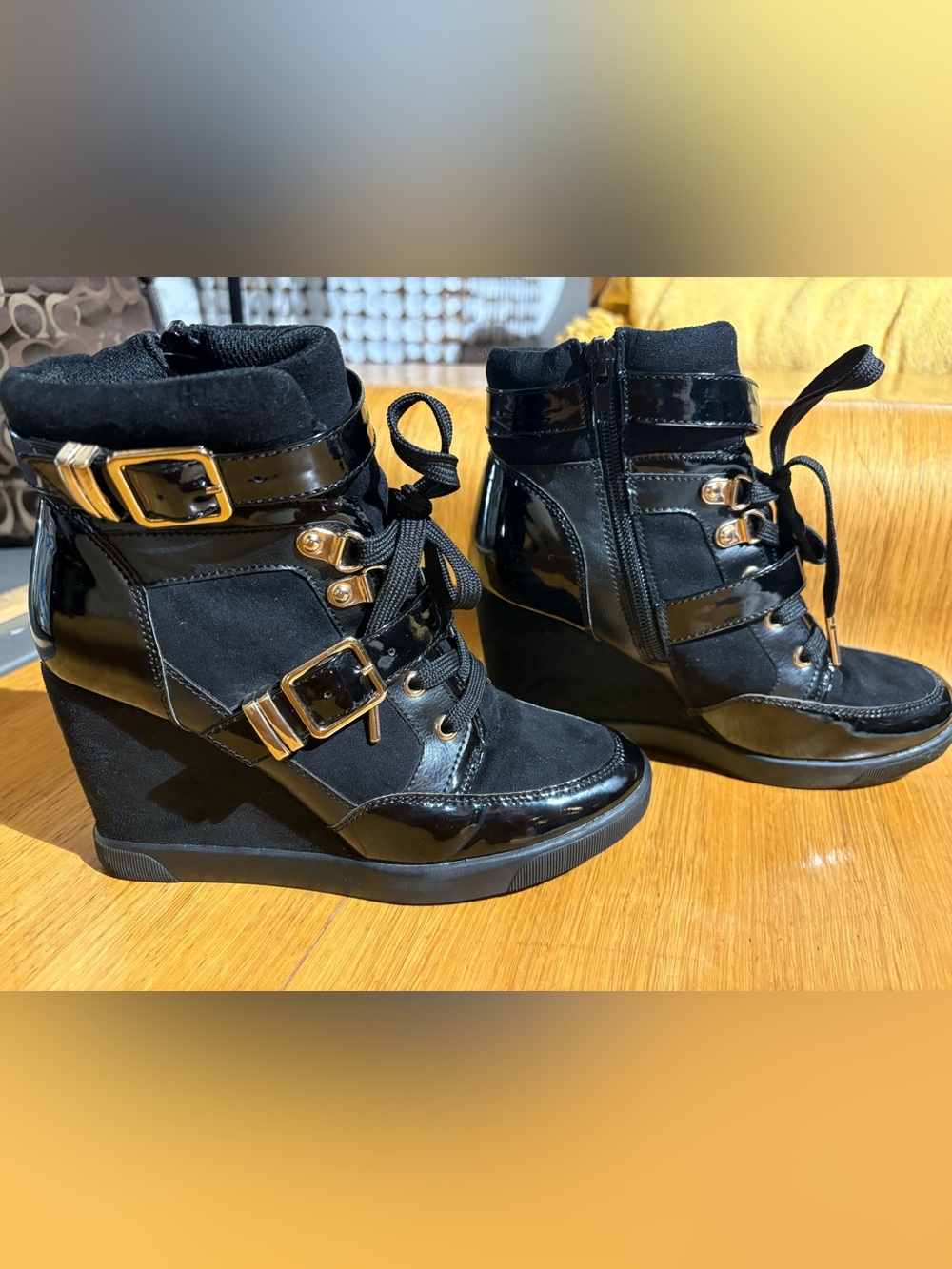 ShoeDazzle Black High-Top Wedge Sneakers Multi-Strap Gold Buckles Size 6